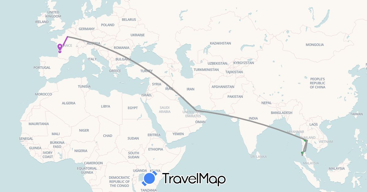 TravelMap itinerary: bus, plane, train, boat in United Arab Emirates, France, Thailand (Asia, Europe)