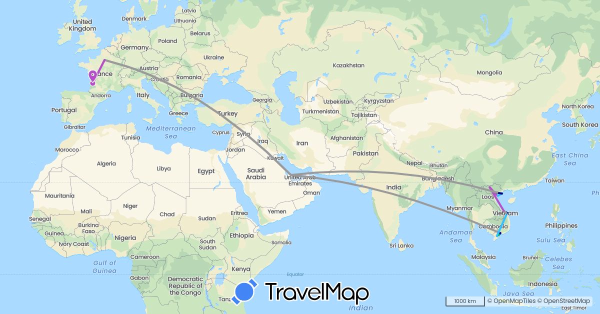 TravelMap itinerary: driving, bus, plane, cycling, train, hiking, boat in France, Qatar, Vietnam (Asia, Europe)